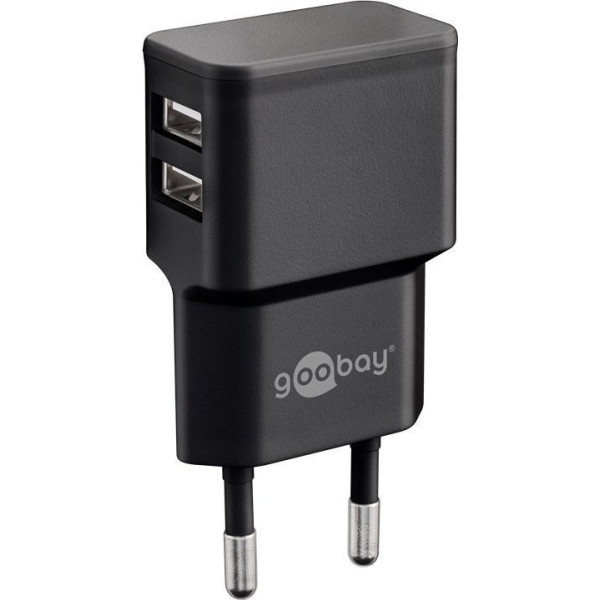 Caricatore da Muro 2 porte USB-A Slim Design 12W Nero