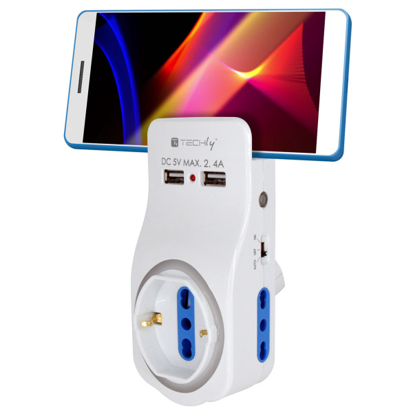 [IUPS-PCP-LIGHT-USB] Multipresa 3 Posti e 2 Porte USB con Supporto per Smartphone e Luce Notturna