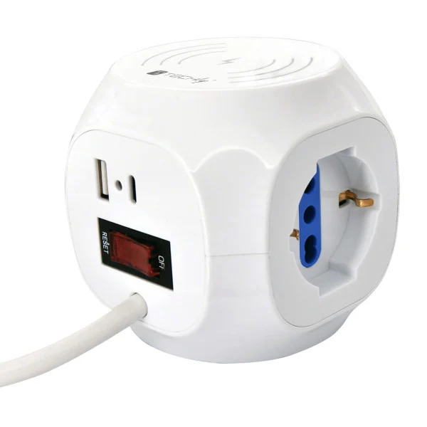 [IUPS-PCP-CUBE-W4PUSB] Multipresa a Cubo 4 Posti con USB-A e USB-C™ QC3.0 e Ricarica Wireless