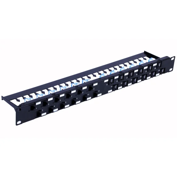 [I-PP_24-RU-C6ATSL] Pannello Patch UTP 24 Posti RJ45 Cat.6A Uscita Inclinata 1U Nero