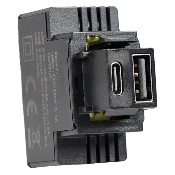 [IPW-USB-AC3AB] Alimentatore Compatto da Incasso Keystone USB-A e USB-C™ 20W 5-12V Nero
