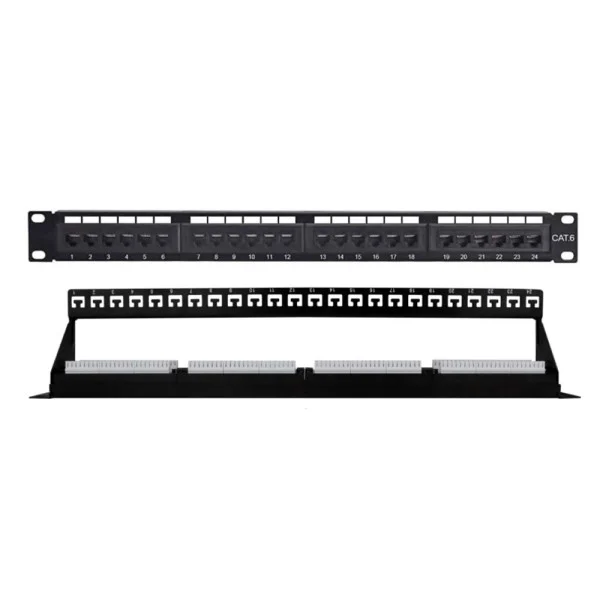 Pannello Patch UTP 24 Posti Cat.6 1U con barra gestione cavi removibile Nero