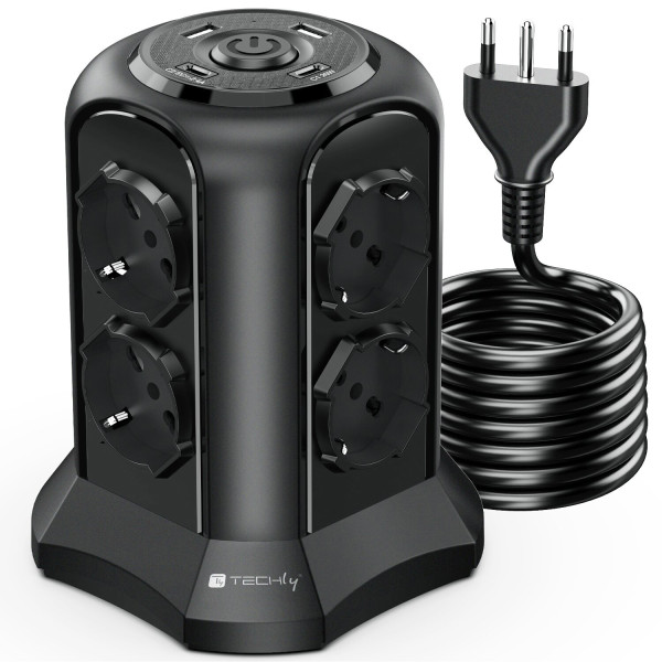 [IUPS-PCP-TOWER02] Multipresa da Tavolo a Torretta Salvaspazio 8 Posti Italiana Bipasso / Schuko 2 USB-A e 2 USB-C™