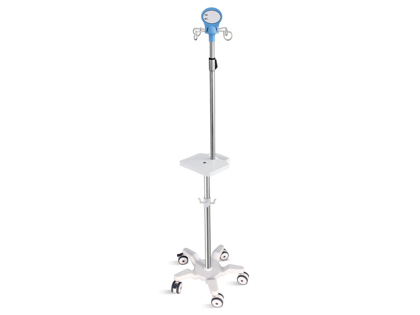 [27816] PIANTANA PER POMPE INFUSIONALI A 5 RUOTE con manico e ripiano - acciaio inox - 4 ganci