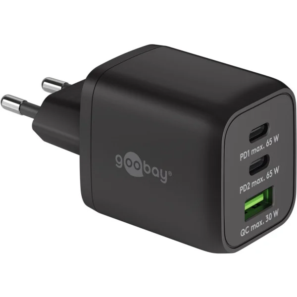 [IPW-USB-65W2C1ANB] Nano Caricatore Alimentatore GaN 2xUSB-C™ (PD) + USB-A (QC) da Muro 65W Nero