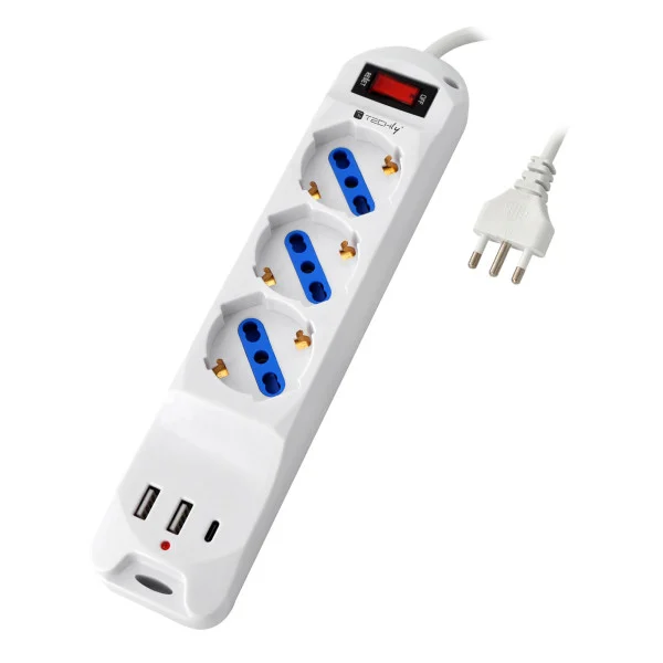 [IUPS-PCP-3S3USB] Multipresa 3 Posti 10/16 A Bipasso/Schuko con 3 Porte USB-A/C™ Bianca