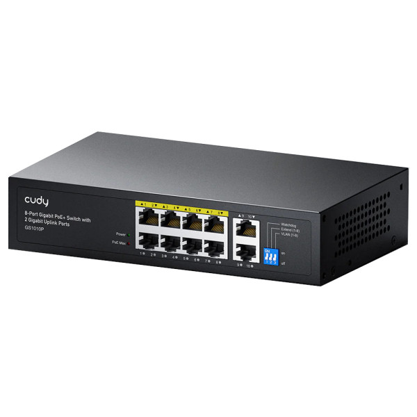 [ICU-GS1010P] Switch Gigabit PoE+ 8 Porte con 2 Uplink GbE, GS1010P Nero