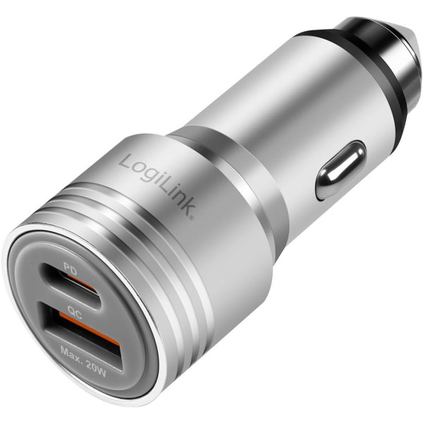 [IUSB3-CAR-2P20W] Caricabatteria da Auto con Doppia Porta USB, 20W, USB-A (QC), USB-C™ (PD), Argento